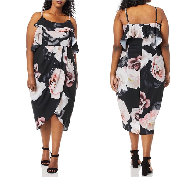 City Chic Cold Shoulder Dress Black Austin Floral Rose Draped Plus Size M 18 - Picture 4 of 15